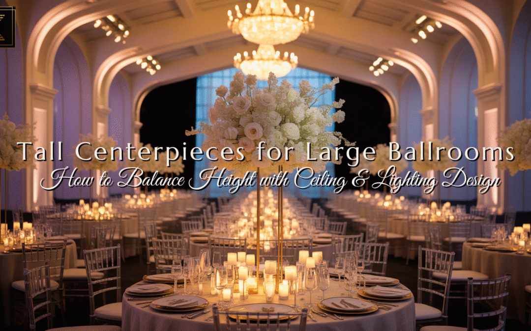Tall centerpieces in a luxury ballroom wedding with high ceilings and elegant lighting.