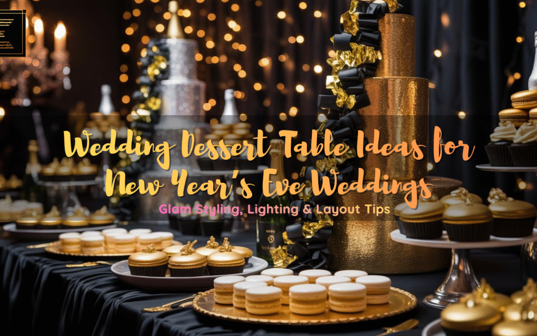Wedding dessert table ideas for New Year’s Eve weddings with glam black and gold decor.