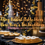 Wedding dessert table ideas for New Year’s Eve weddings with glam black and gold decor.