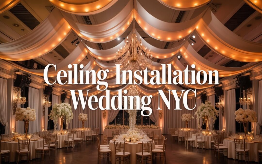 Ceiling installation wedding NYC with luxury draping and lighting design.